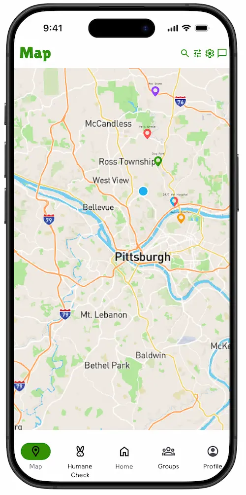 The Map screen, showing nearby animal hospitals, shelters, sanctuaries and parks as pins on a location map.