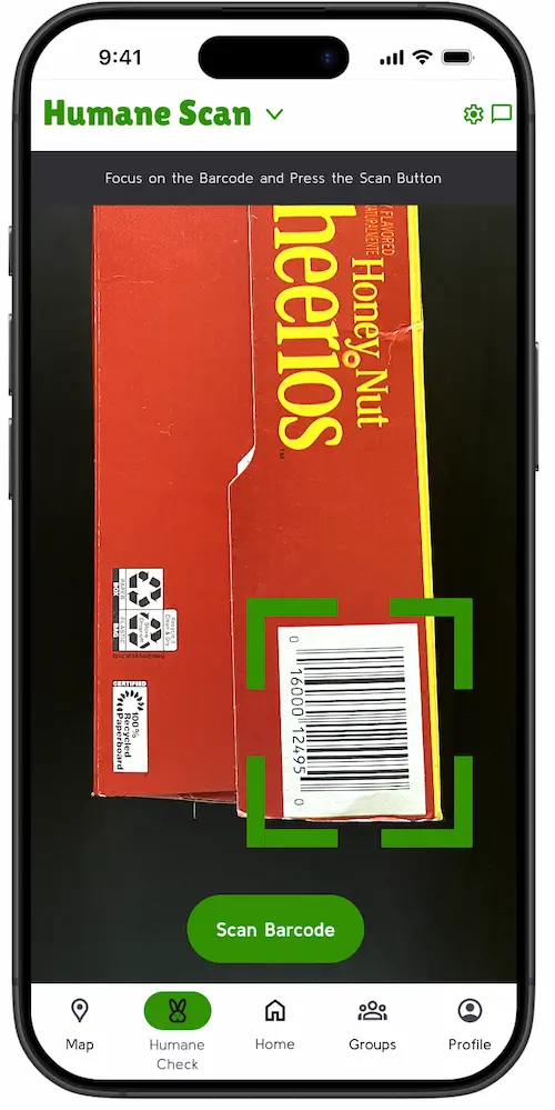The Humane Scan screen, with a camera view framing the barcode on a cereal box inside green corner brackets, above a Scan Barcode button.
