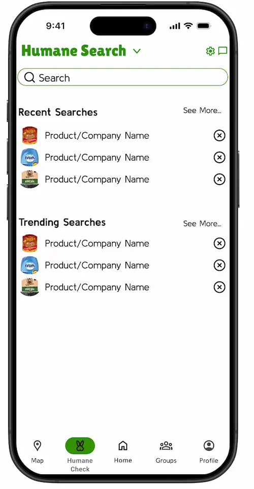 The final Humane Search screen, offering recent and trending searches instead of an alphabetical product list.