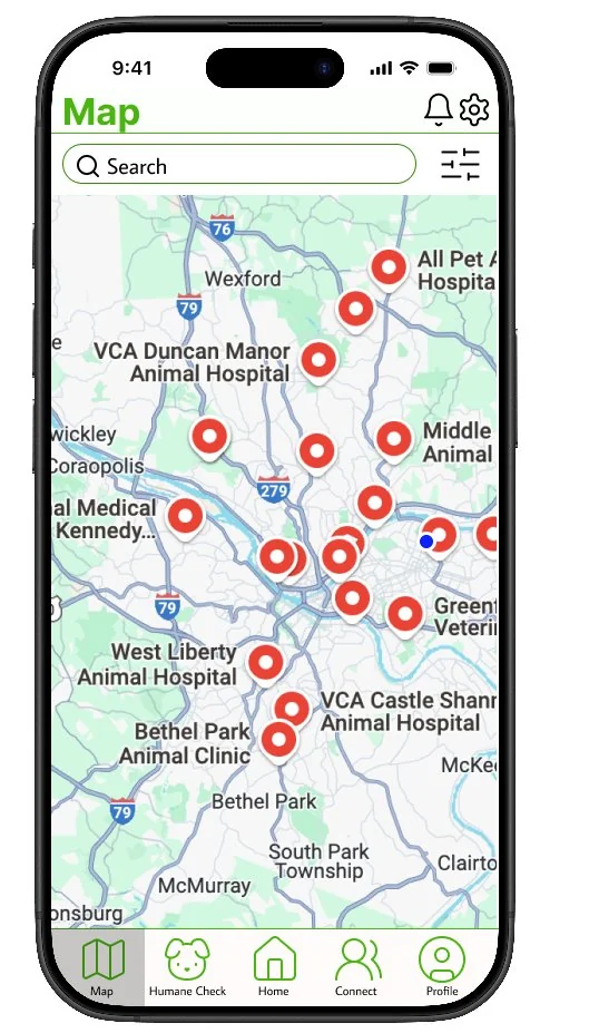 The map feature, added in this round, plotting nearby animal hospitals, shelters, sanctuaries and parks.