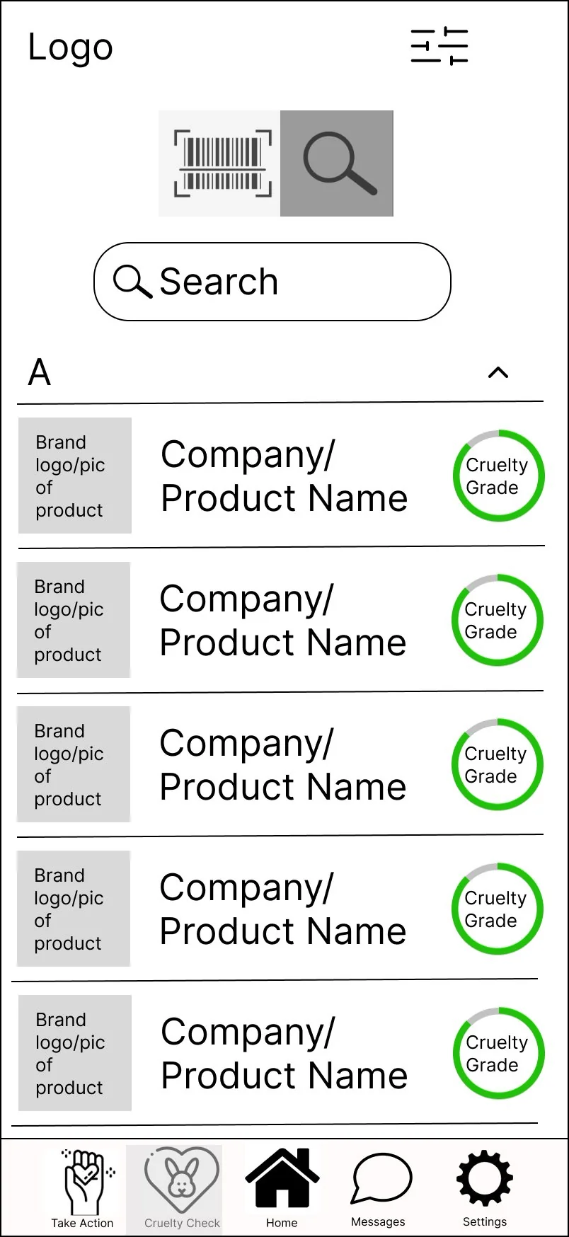 Wireframe of the Cruelty Check search screen, listing products alphabetically.