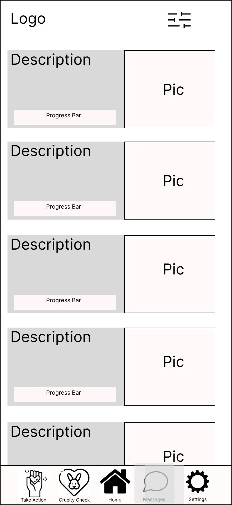 Wireframe of the standalone Donate feed, reached from its own bottom-bar tab.