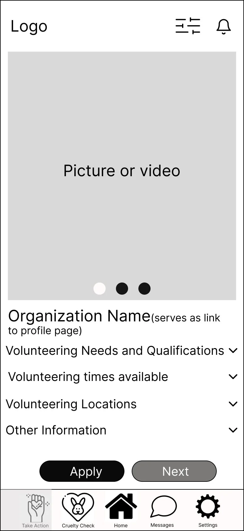 Wireframe of a single volunteering post.