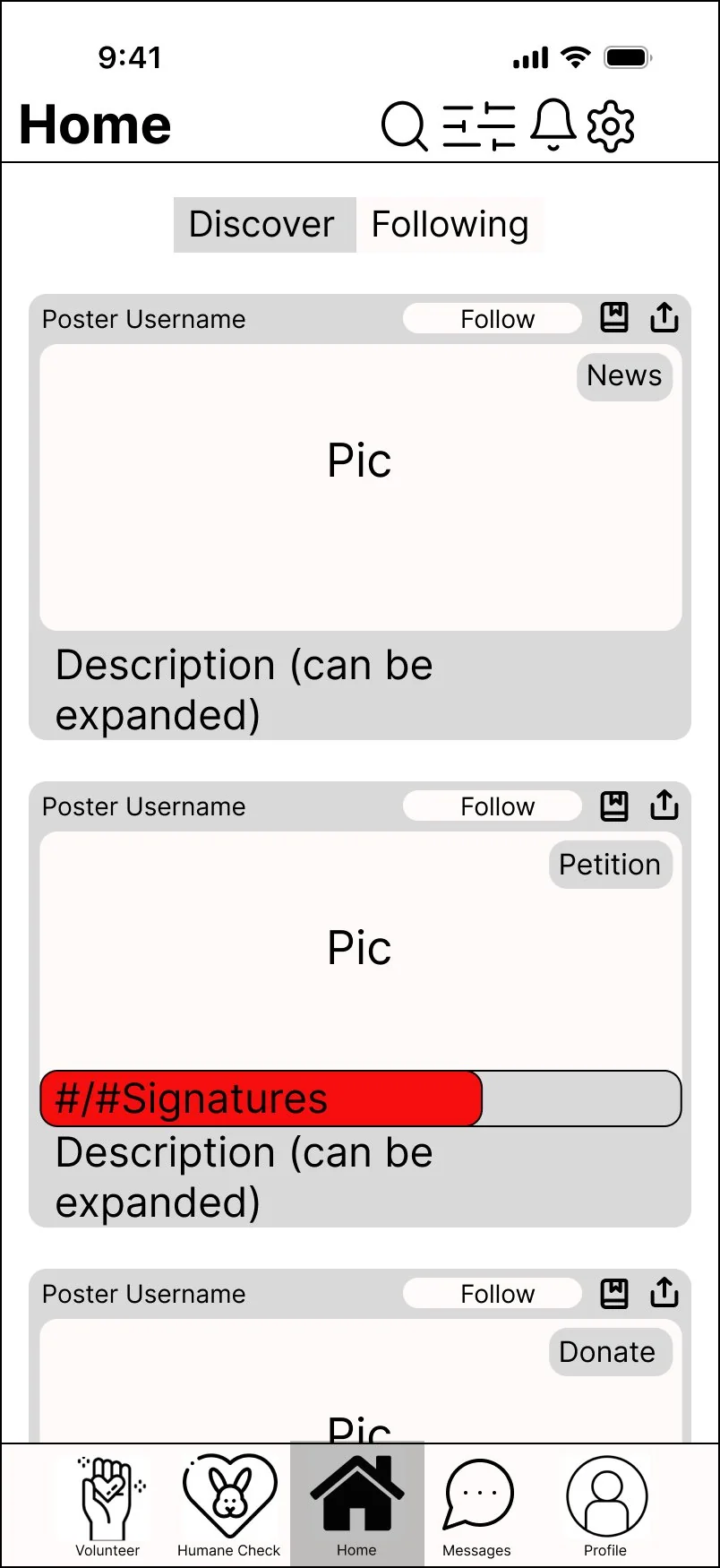 Wireframe of the consolidated home feed: Discover and Following tabs above a single vertical scroll of posts, each labelled with a type tag such as News, Petition or Donate. The bottom bar now reads Volunteer, Humane Check, Home, Messages, Profile.