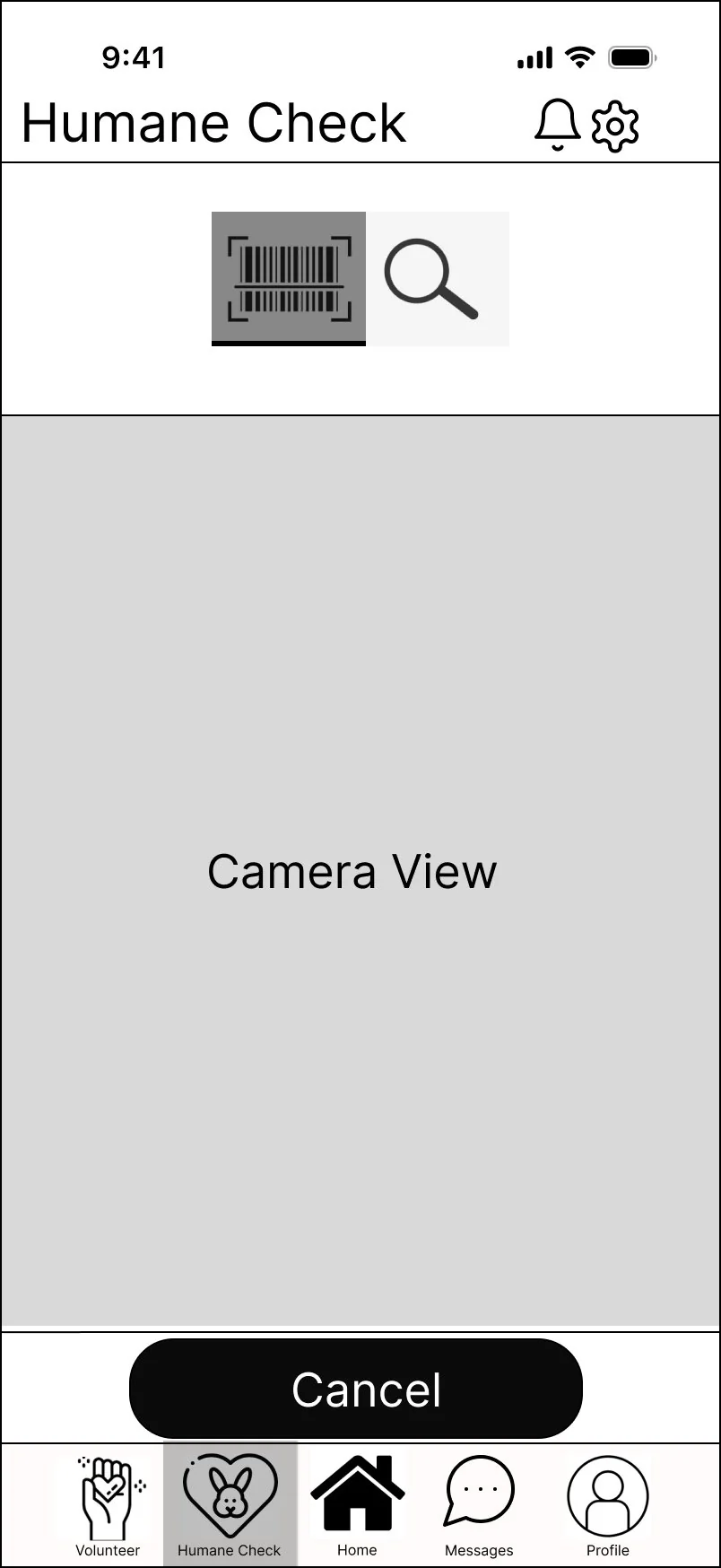 Wireframe of the scan mode, now reached by a toggle on the same screen as search rather than a separate tab.