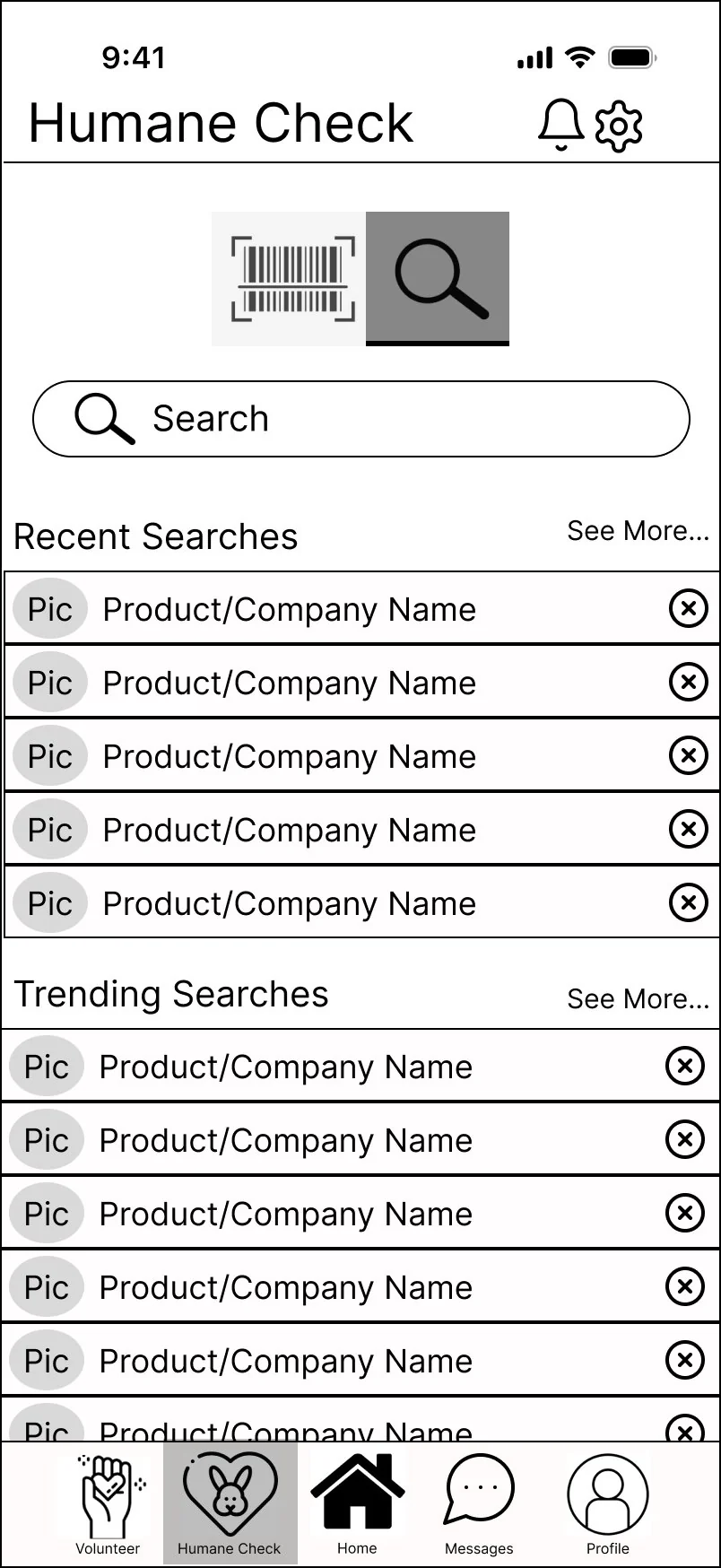 Wireframe of the renamed Humane Check search, showing recent and trending searches in place of the alphabetical list.