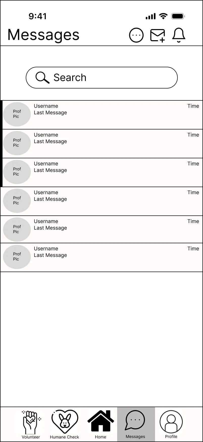 Wireframe of the Messages screen, added as a core feature in this round.