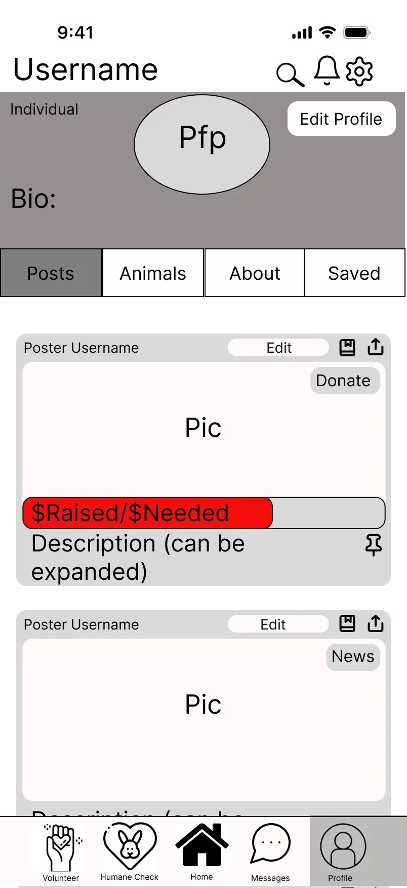 Wireframe of an individual member profile, one of two distinct profile layouts introduced in this round.