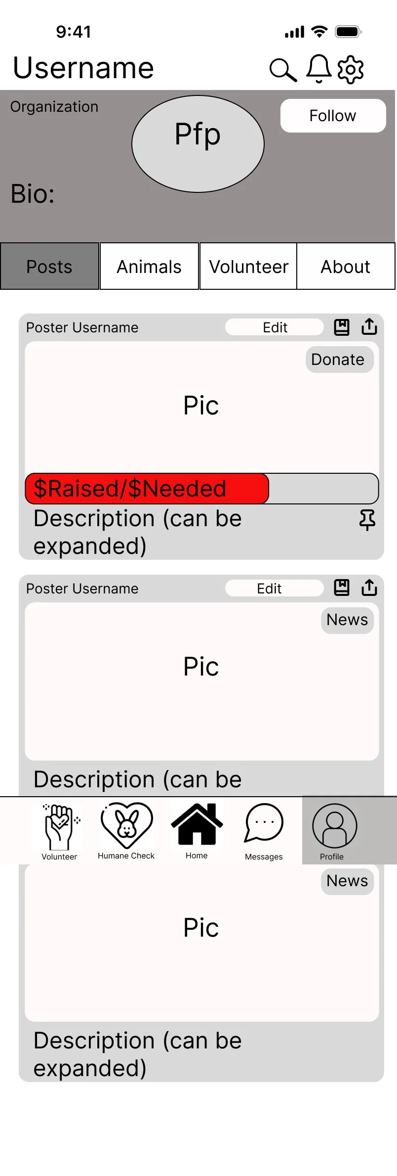Wireframe of an organization profile, laid out separately from individual profiles because organizations must be verified before receiving donations.