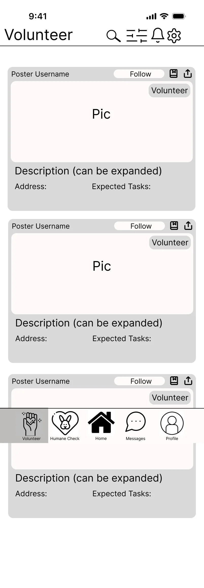 Wireframe of the volunteering feed in the second round.