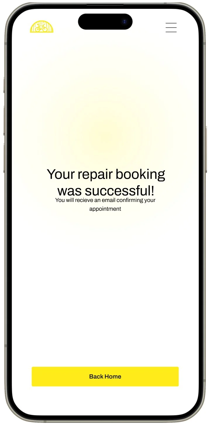 The confirmation screen reading Your repair booking was successful! on a soft yellow glow, above a Back Home button.