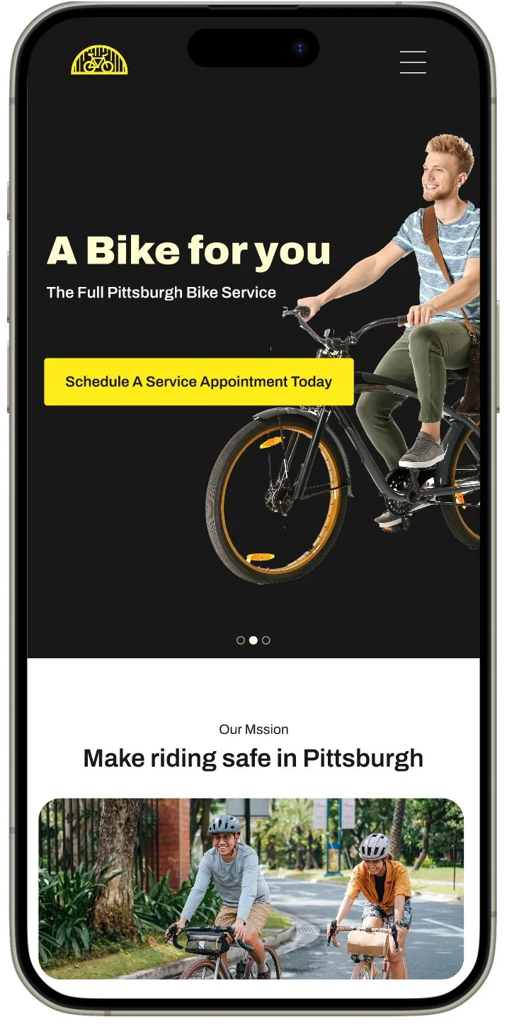 The final homepage: a black screen with the yellow arched bike-shop logo, a photograph of a rider on a bike, the headline A Bike for you, the subhead The Full Pittsburgh Bike Service, and a yellow Schedule A Service Appointment Today button.