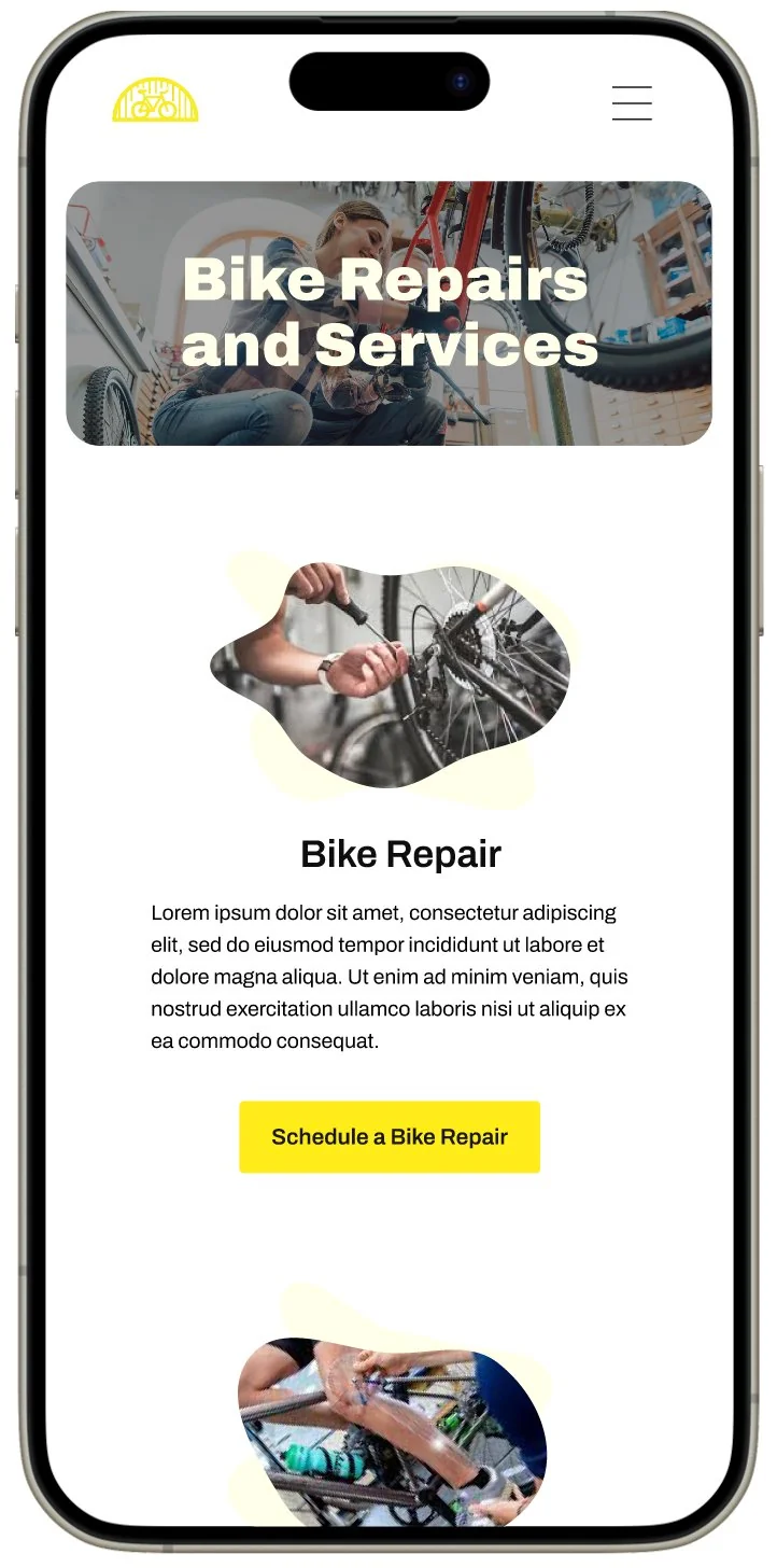 The final repairs landing page: a Bike Repairs and Services photo banner above a Bike Repair section with a yellow Schedule a Bike Repair button — the specific label that replaced the misleading generic one.