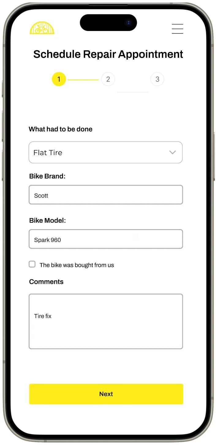 Step 1 of the final flow, headed Schedule Repair Appointment, with a yellow step indicator and fields for repair type set to Flat Tire, bike brand, bike model, a checkbox for whether the bike was bought from the shop, and comments.