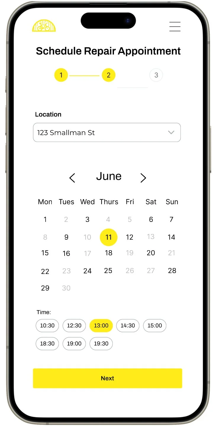 Step 2 of the scheduling flow: a location dropdown set to 123 Smallman St above a June calendar with the 11th highlighted in yellow, and a row of time slots with 13:00 selected.