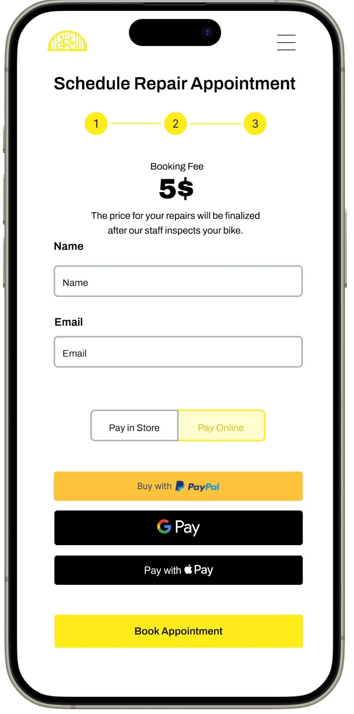 Step 3: a $5 booking fee with a note that the price is finalized after staff inspect the bike, name and email fields, a Pay in Store or Pay Online toggle, and PayPal, Google Pay and Apple Pay options above a Book Appointment button.