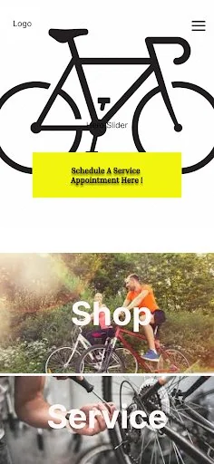Wireframe of the homepage: a bicycle illustration behind a hero slider, with a yellow Schedule A Service Appointment Here! button, above stacked Shop and Service photo panels.