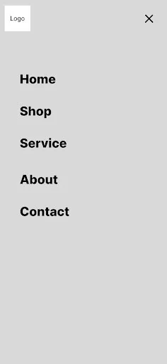 Wireframe of the hamburger menu, listing Home, Shop, Service, About and Contact.