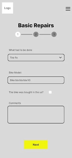 Wireframe of step 1 of 3, headed Basic Repairs: a What had to be done dropdown set to Tire fix, a bike model field, a checkbox asking whether the bike was bought in the US, and a comments box.