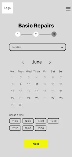Wireframe of step 2 of 3: a location dropdown above a June calendar and a row of selectable time slots.