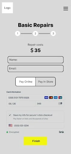 Wireframe of step 3 of 3, quoting a repair cost of $35 upfront above name and email fields, a Pay Online or Pay In Store toggle, and card details.